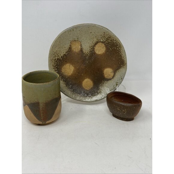 Studio Art Handmade Pottery 3 Piece Set Plate Cup Trinket Bowl JR Cooper Signed - Picture 1 of 12